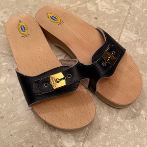 The Original Dr. Scholl's Leather Wooden Exercise Sandals Sz 9 Made in Italy Blk